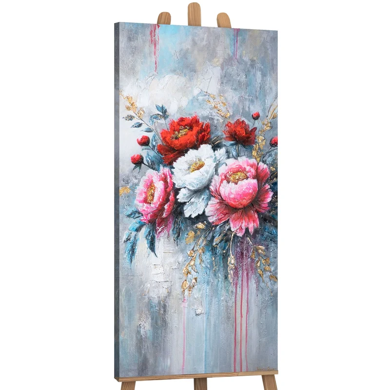 Abstraktes Blumenbild auf Leinwand – Acrylgemälde "Blühende Pfingstrosen" 115x50cm