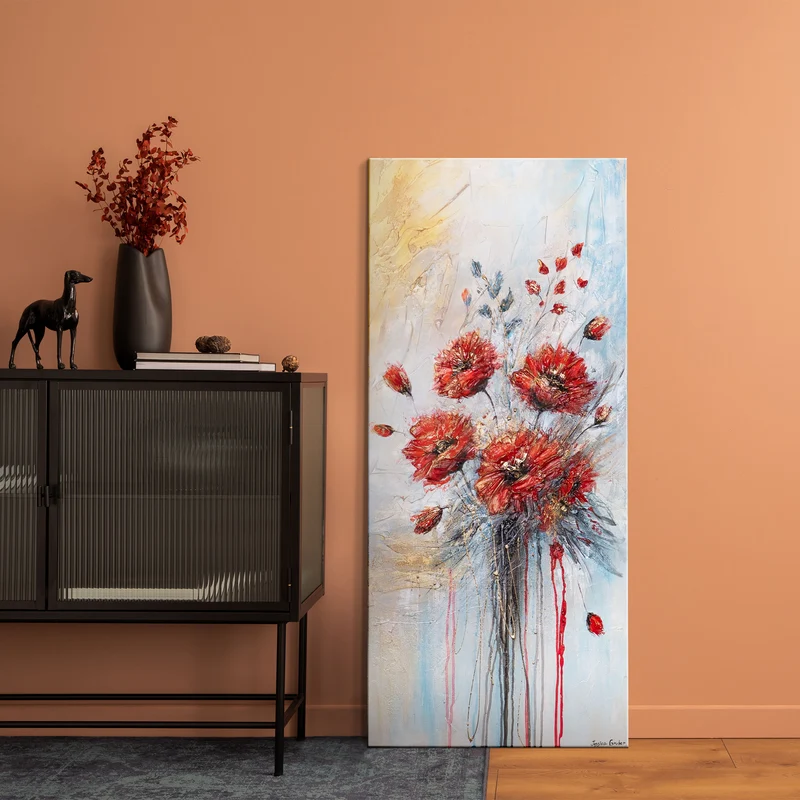 Handgemaltes Acrylbild Mohnblumen – Moderne Wanddeko "Rote Mohnblumen" auf Leinwand 115x50cm