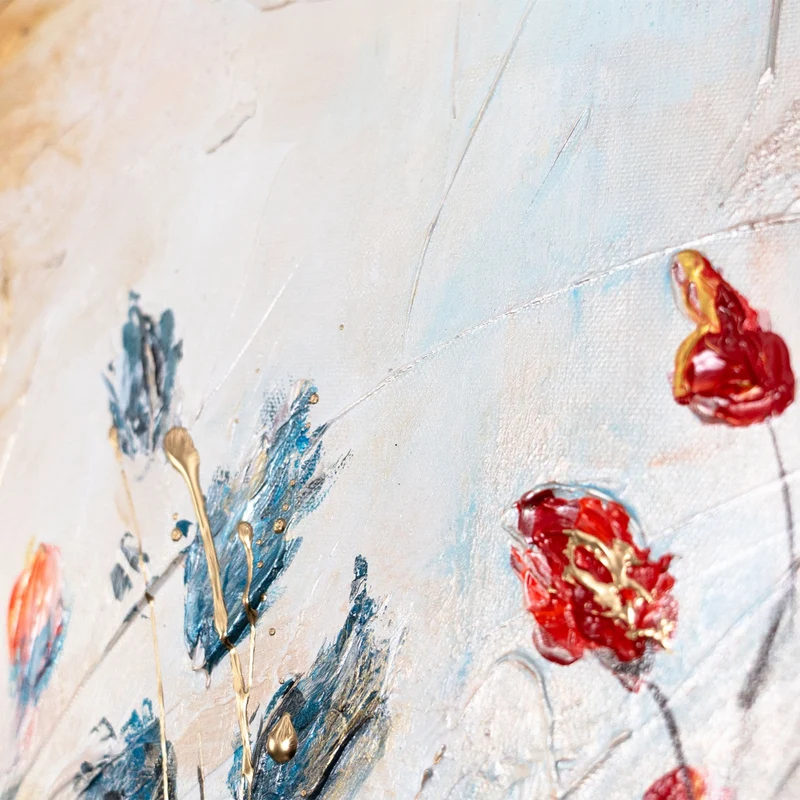 Handgemaltes Acrylbild Mohnblumen – Moderne Wanddeko "Rote Mohnblumen" auf Leinwand 115x50cm