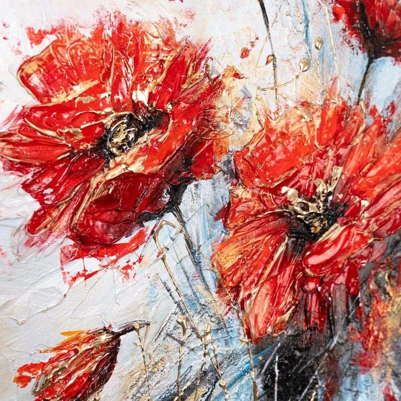 Handgemaltes Acrylbild Mohnblumen – Moderne Wanddeko "Rote Mohnblumen" auf Leinwand 115x50cm