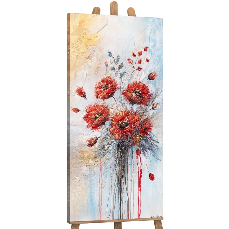 Handgemaltes Acrylbild Mohnblumen – Moderne Wanddeko "Rote Mohnblumen" auf Leinwand 115x50cm
