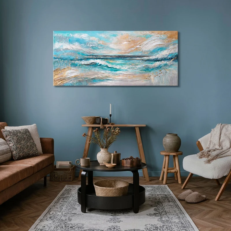 Moderne Acrylmalerei Meer – Handgemaltes Wandbild auf Leinwand "Sonnenglanz“ 115x50cm