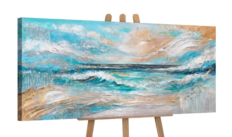 Moderne Acrylmalerei Meer – Handgemaltes Wandbild auf Leinwand "Sonnenglanz“ 115x50cm
