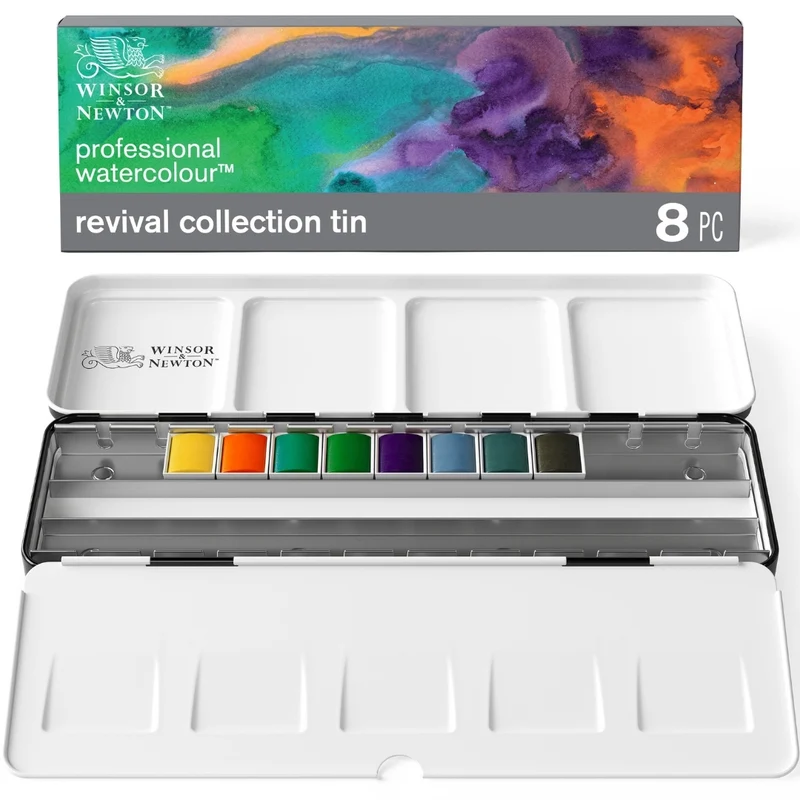 Winsor and Newton - Professional Artists' Watercolour - Revival Collection 8x Half Pan Tin