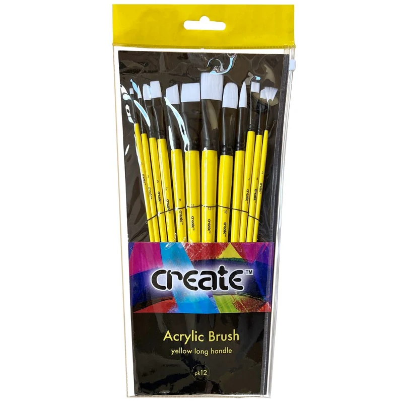 Create Yellow Long Handle Acrylic & Mixed Media Brush Pack of 12