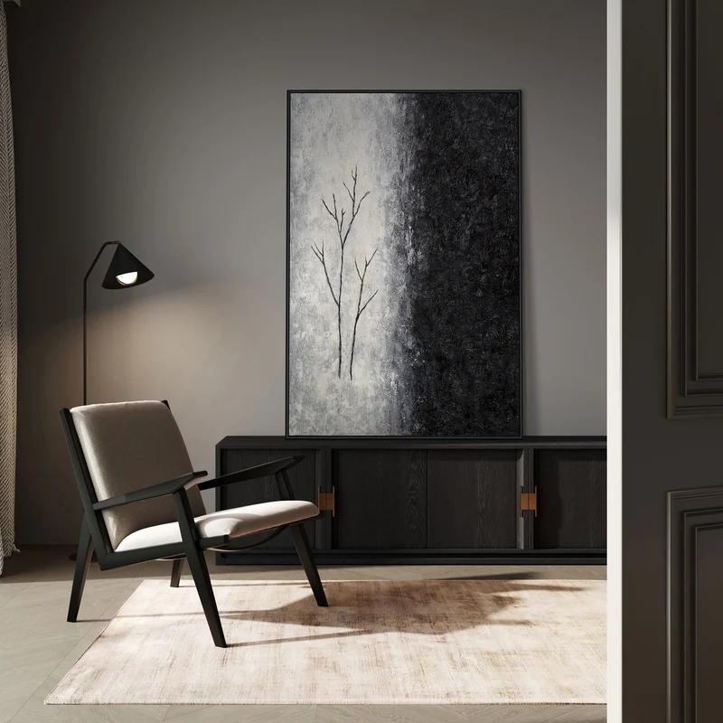Handgemaltes Acrylgemälde mit Rahmen „Atem des Winters“ – Moderne Wandkunst