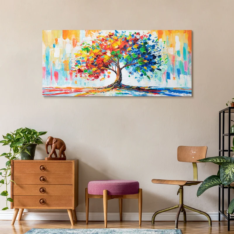 Moderne Leinwandbilder – Acrylgemälde "Farben der Natur" mit buntem Baum 115x50cm
