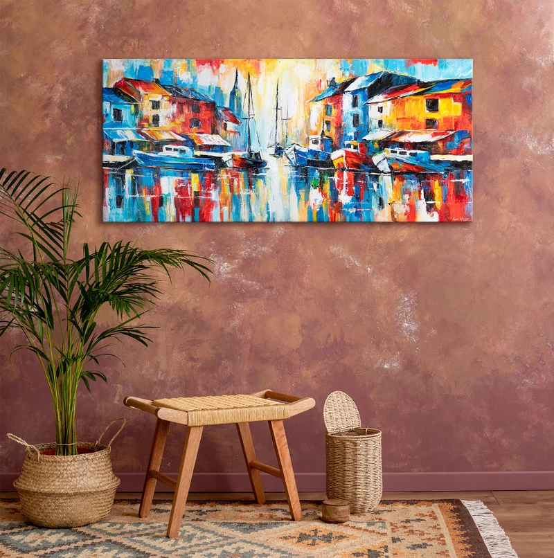 Abstrakte Wanddeko auf Leinwand – "Heller Hafen" modernes Acrylgemälde 115x50cm