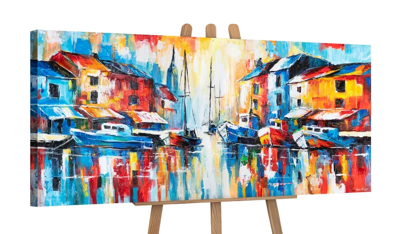 Abstrakte Wanddeko auf Leinwand – "Heller Hafen" modernes Acrylgemälde 115x50cm