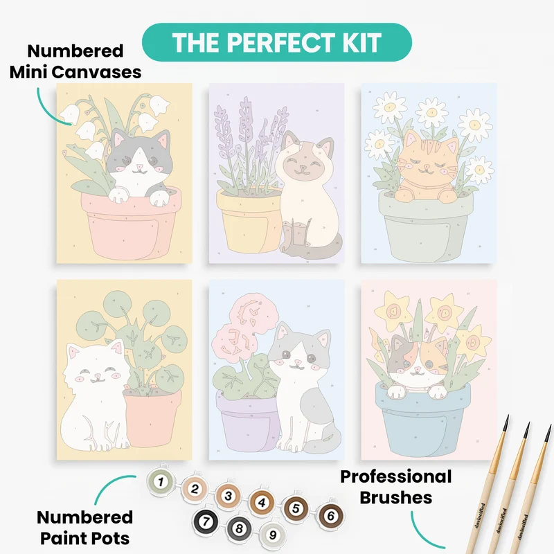 Kittens in Flower Pots - Mini Paint by Numbers Set