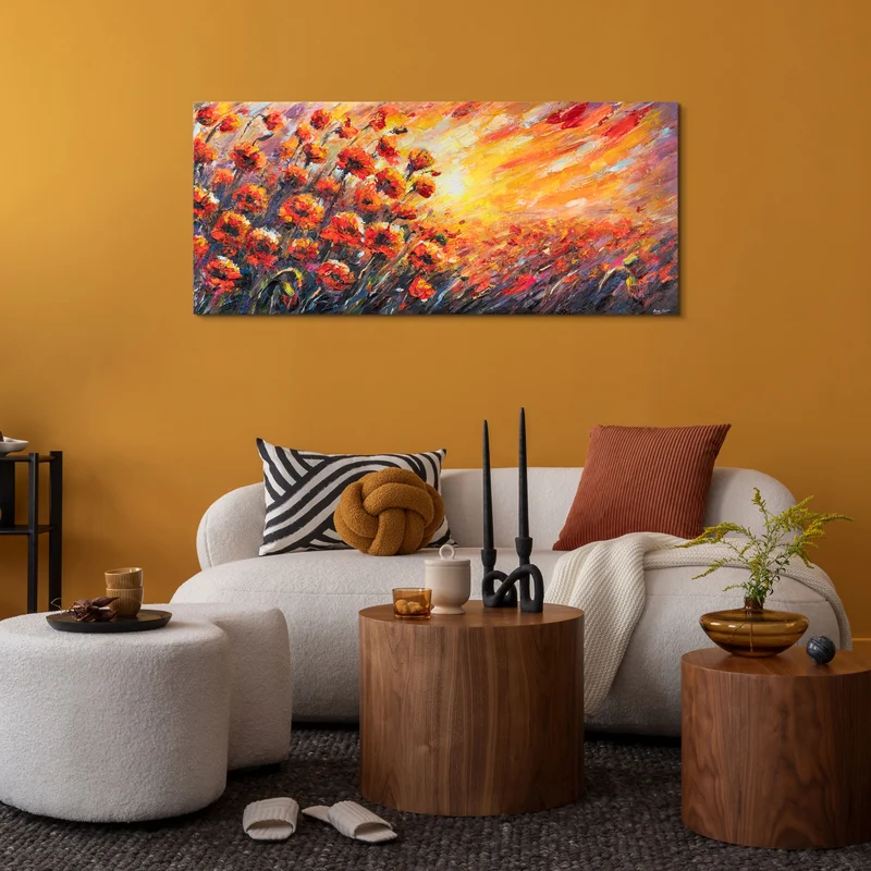 Moderne Acrylbilder auf Leinwand – Abstraktes Gemälde "Sonnige Mohnblumen" 115x50cm