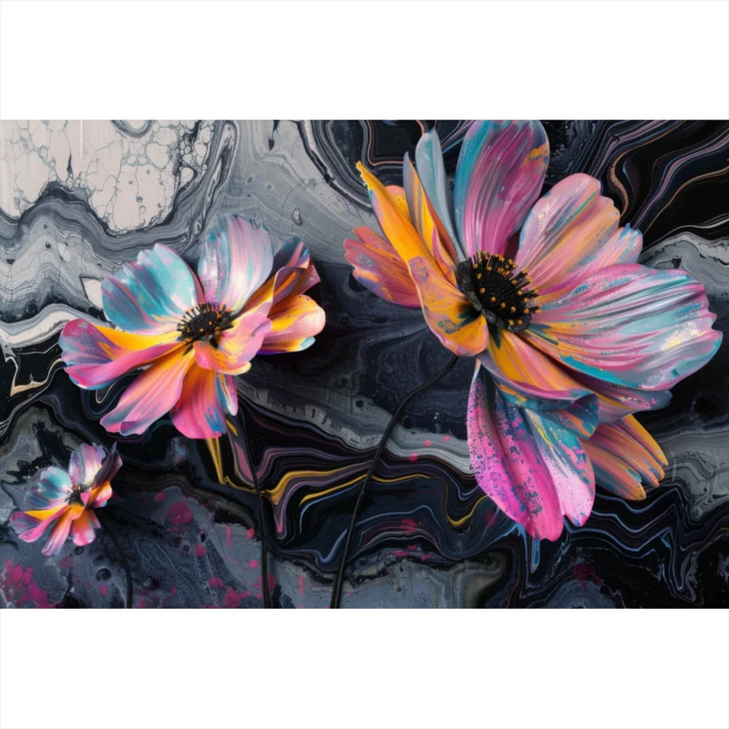 Aluminiumbild gebürstet Abstrakte bunte Blumen Fluid Art Querformat