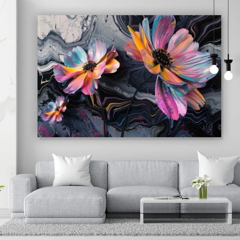 Aluminiumbild Abstrakte bunte Blumen Fluid Art Querformat