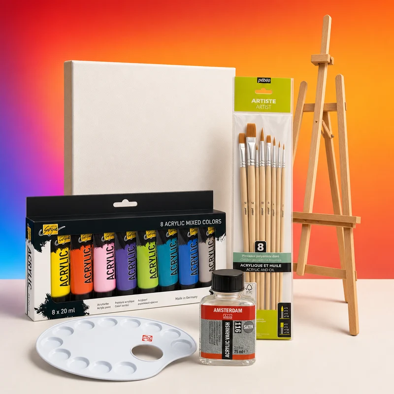 Painting Starter Set — Canvas, Acrylic Paints, Brushes, and Easel