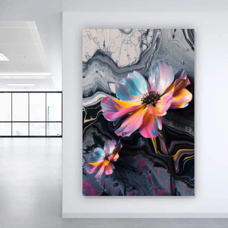 Poster Abstrakte bunte Blumen Fluid Art Hochformat