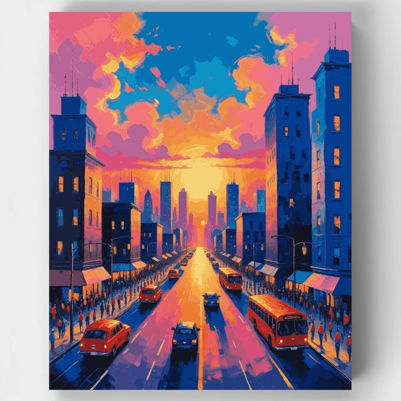 City Sunset Street Scene - Paint by Numbers Kit