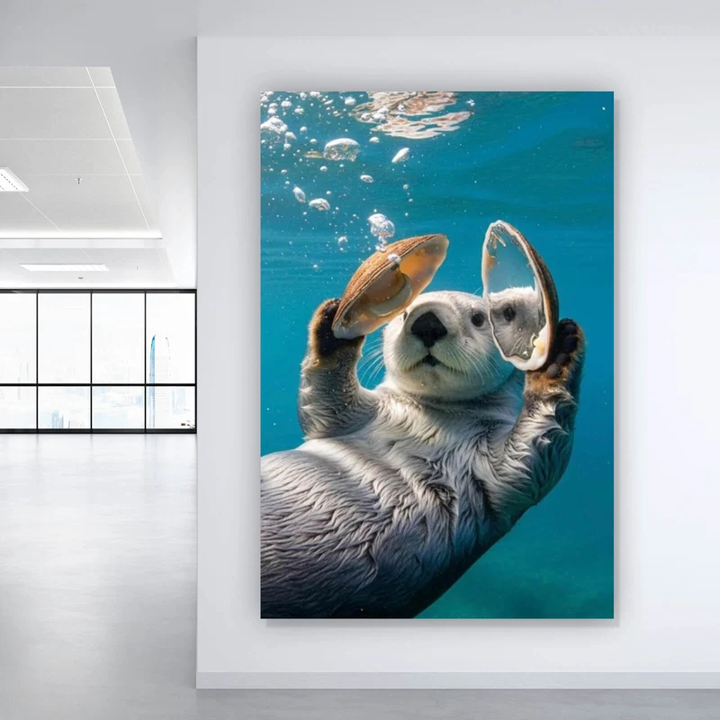 Acrylglasbild Niedlicher Otter mit Muscheln im Wasser Hochformat