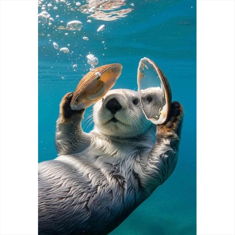 Leinwandbild Niedlicher Otter mit Muscheln im Wasser Hochformat