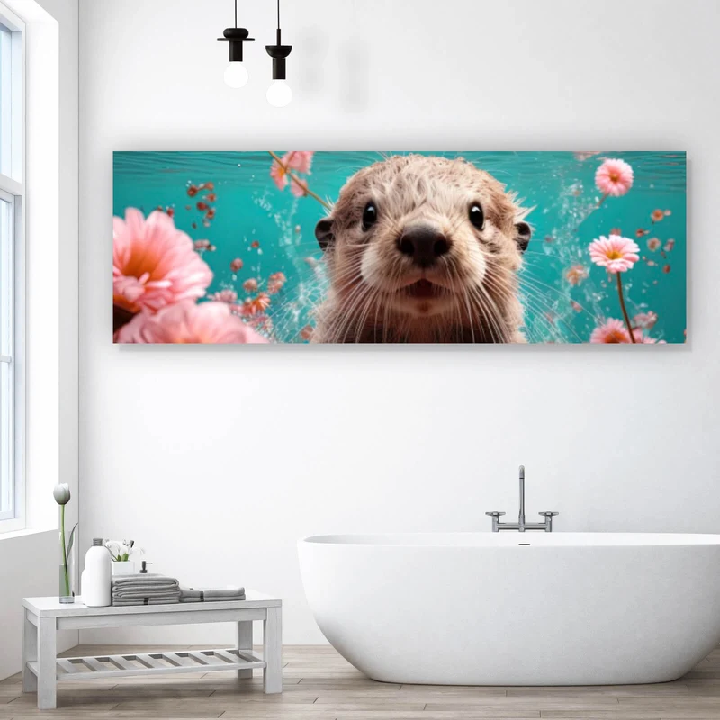 Aluminiumbild Niedlicher Otter unter Wasser mit Blumen Panorama