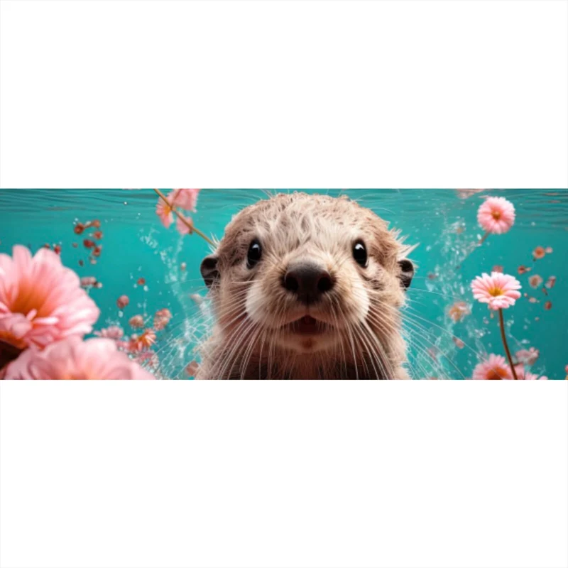 Poster Niedlicher Otter unter Wasser mit Blumen Panorama