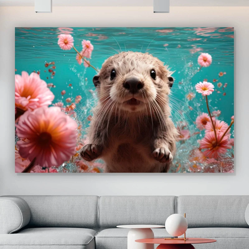 Spannrahmenbild Niedlicher Otter unter Wasser mit Blumen Querformat