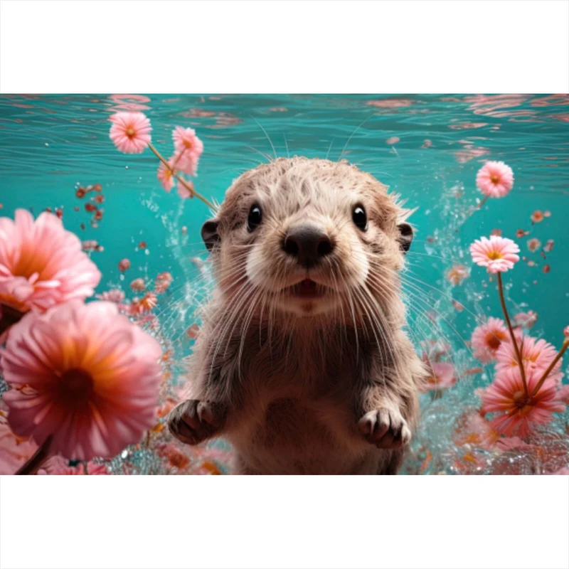Aluminiumbild Niedlicher Otter unter Wasser mit Blumen Querformat