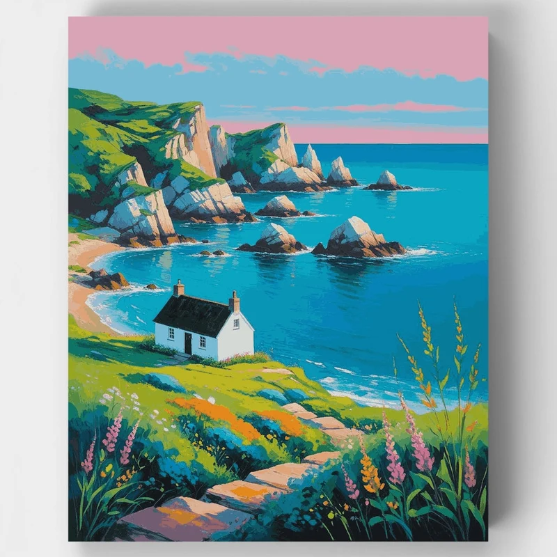Cornwall Cliffside Cottage by the Sea - Paint by Numbers Kit