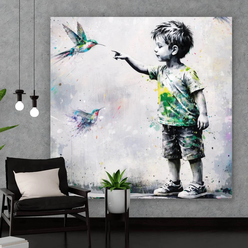 Poster Kind berührt Vögel Quadrat