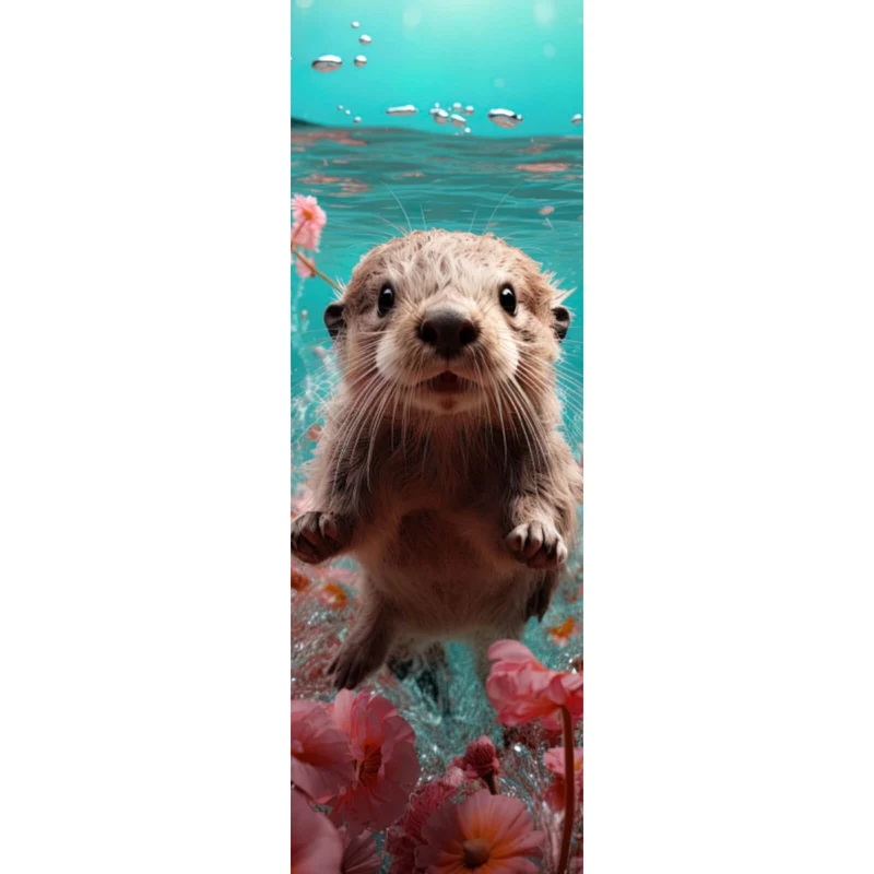Spannrahmenbild Niedlicher Otter unter Wasser mit Blumen Panorama Hoch