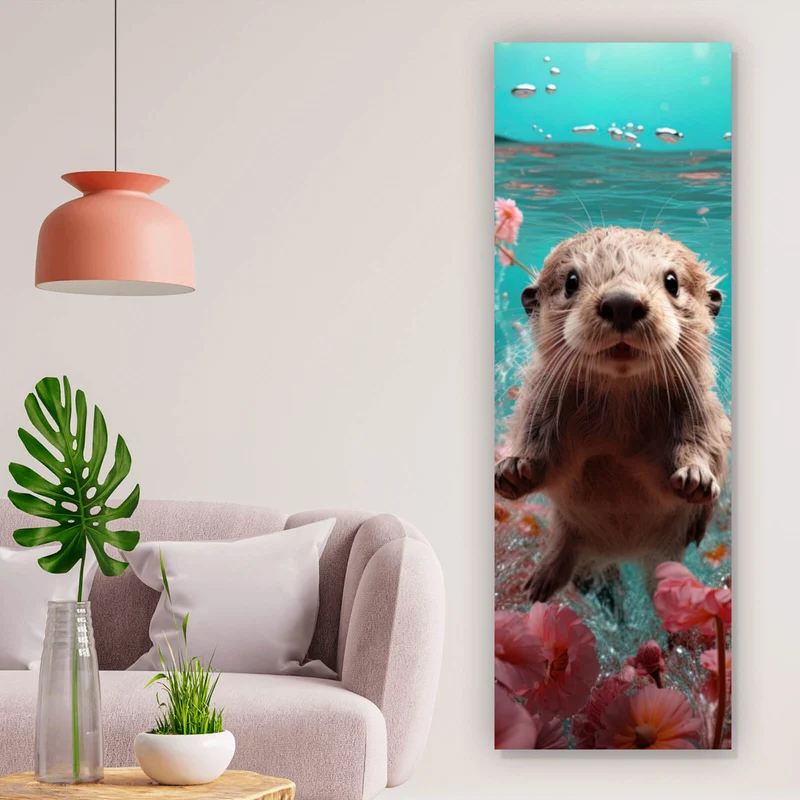 Aluminiumbild gebürstet Niedlicher Otter unter Wasser mit Blumen Panorama Hoch