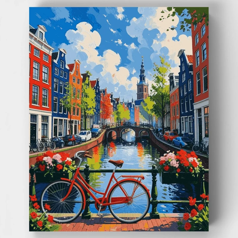 Amsterdam Canal with Red Bicycle - Paint by Numbers Kit