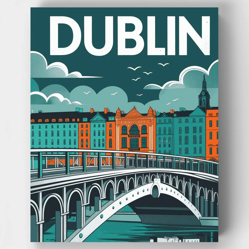 Dublin Vintage Travel Poster Bridge & Quays - Paint by Numbers Kit