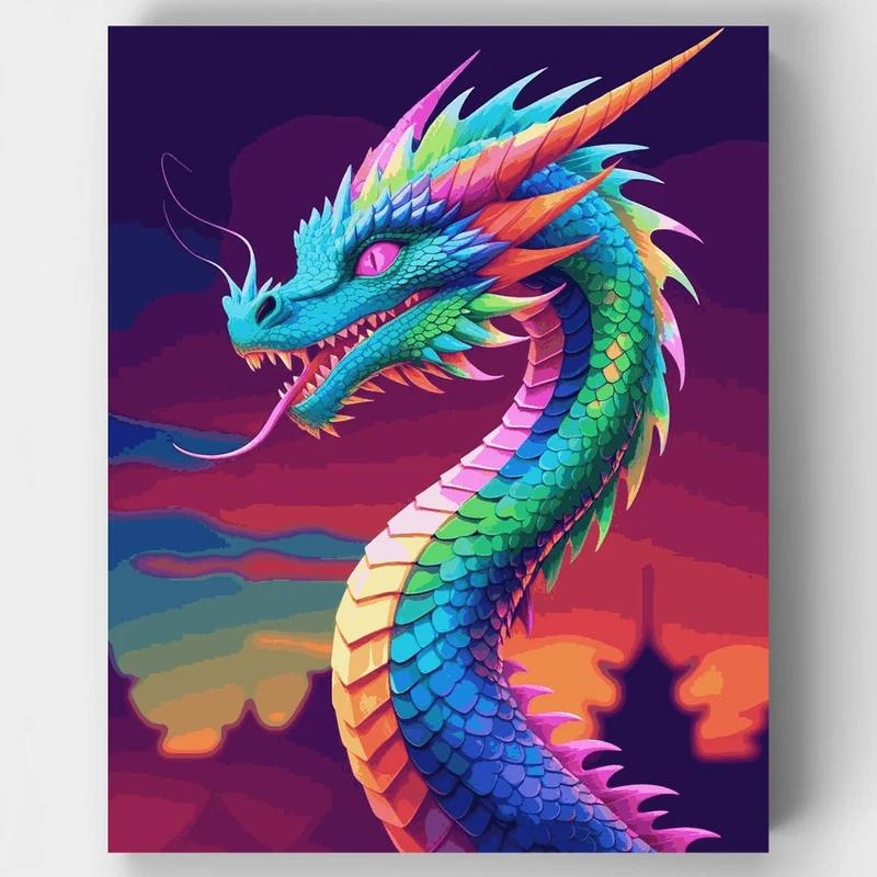 Neon Rainbow Dragon Portrait - Paint by Numbers Kit