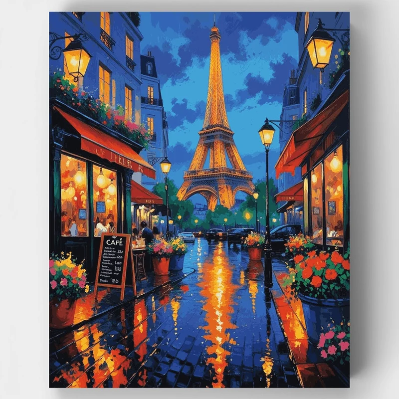 Paris Rainy Night Eiffel Tower Café Street - Paint by Numbers Kit