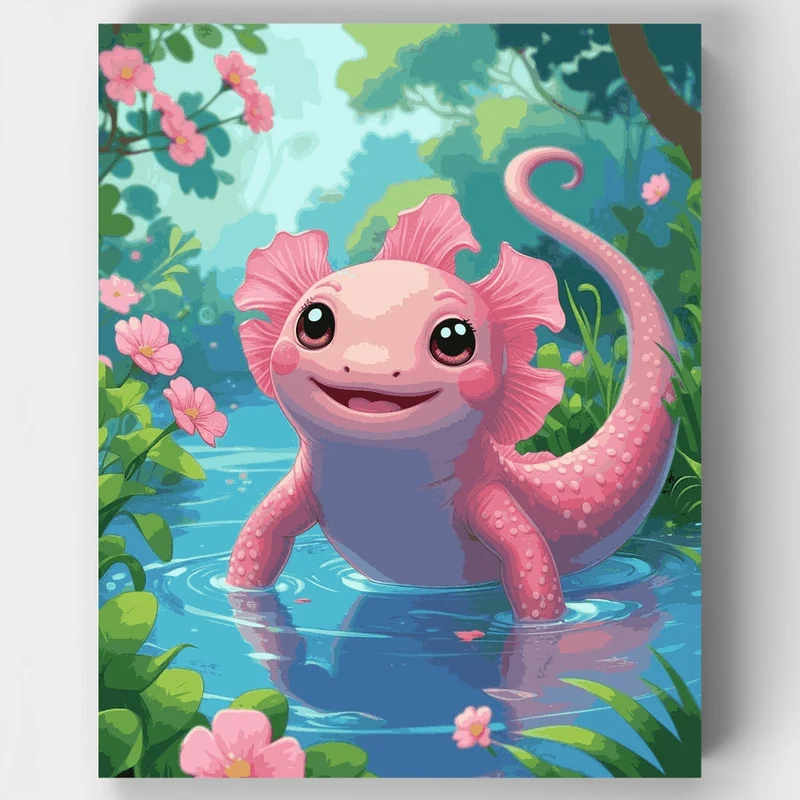 Cute Pink Axolotl in Enchanted Forest Pool - Paint by Numbers Kit