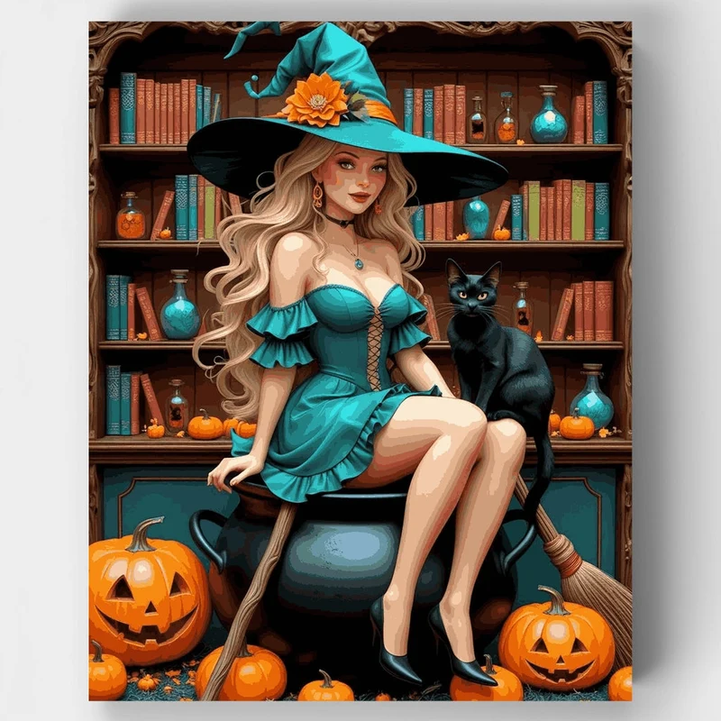 Teal Witch with Black Cat and Pumpkins - Paint by Numbers Kit