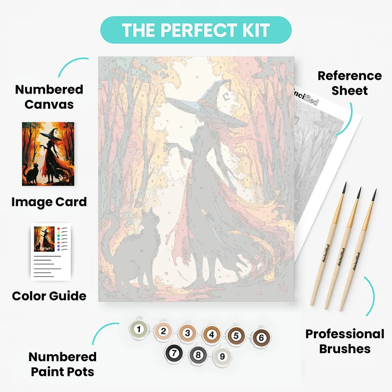 Witch and Black Cat in Autumn Forest - Paint by Numbers Kit
