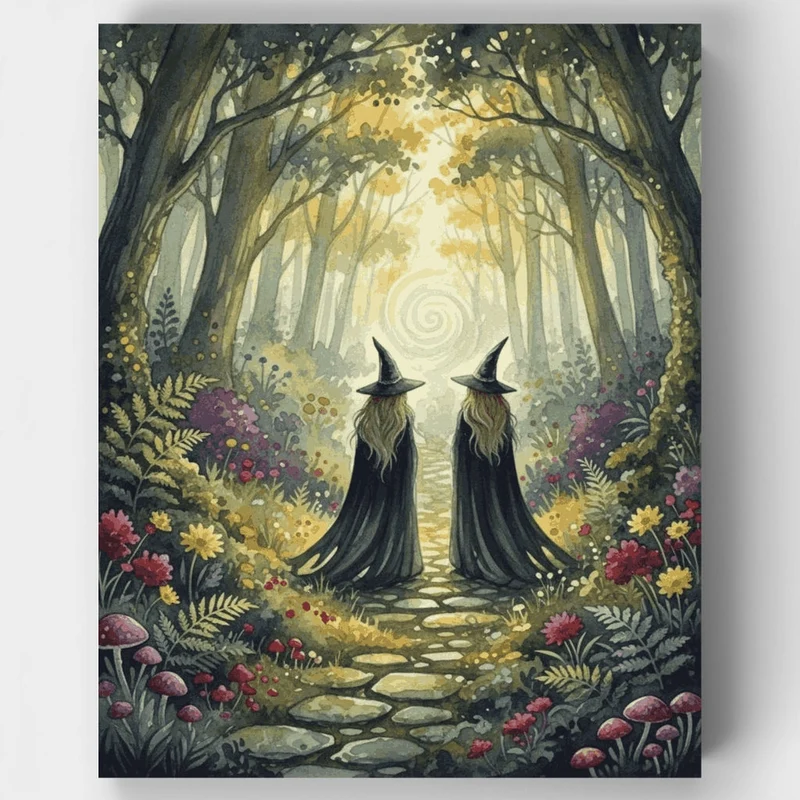 Two Witches on an Enchanted Forest Path - Paint by Numbers Kit