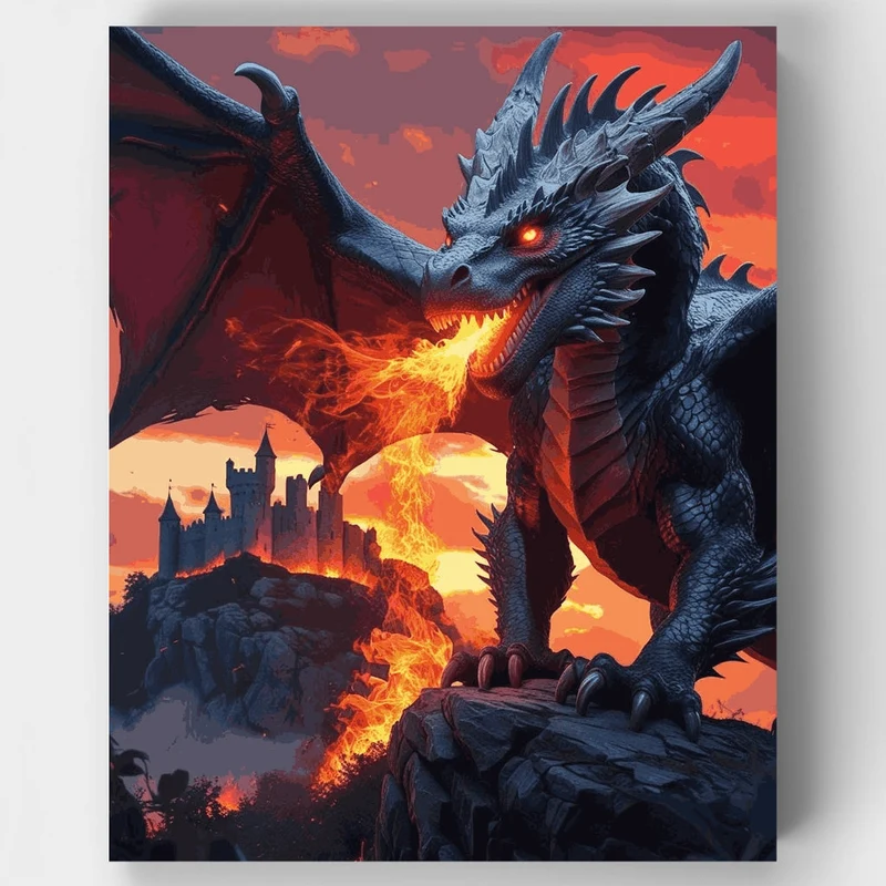 Fire-Breathing Dragon at Sunset Castle - Paint by Numbers Kit