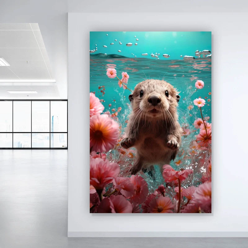 Acrylglasbild Niedlicher Otter unter Wasser mit Blumen Hochformat