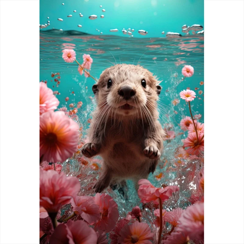 Aluminiumbild gebürstet Niedlicher Otter unter Wasser mit Blumen Hochformat