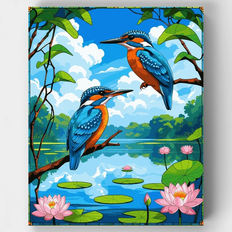 Kingfishers on Lily Pond - Paint by Numbers Kit