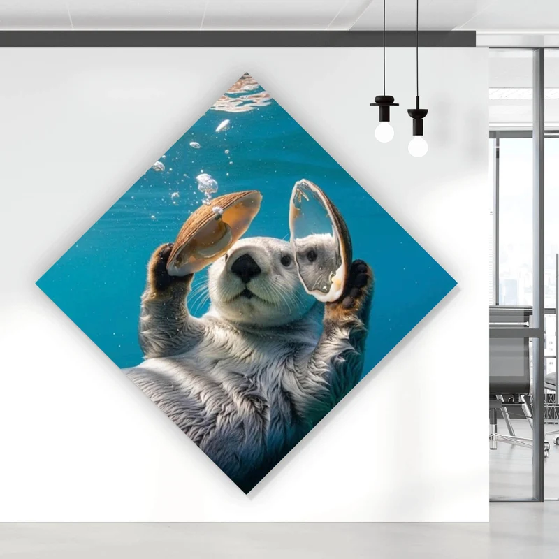 Aluminiumbild Niedlicher Otter mit Muscheln im Wasser Raute