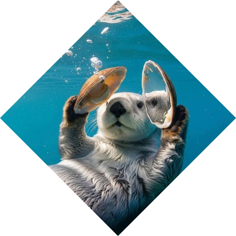 Poster Niedlicher Otter mit Muscheln im Wasser Raute