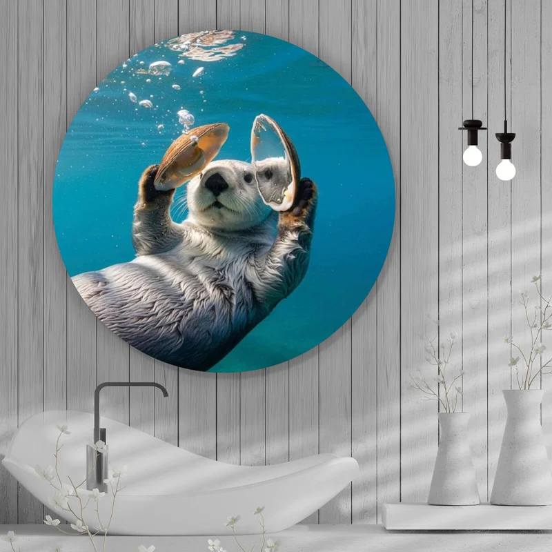 Aluminiumbild gebürstet Niedlicher Otter mit Muscheln im Wasser Kreis