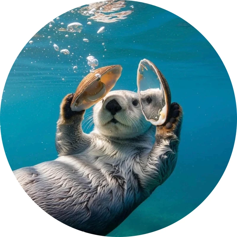 Aluminiumbild Niedlicher Otter mit Muscheln im Wasser Kreis