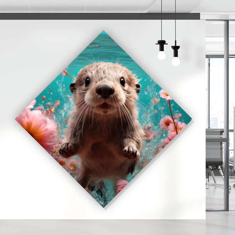 Poster Niedlicher Otter unter Wasser mit Blumen Raute