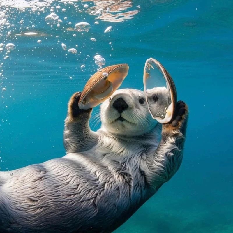 Spannrahmenbild Niedlicher Otter mit Muscheln im Wasser Quadrat