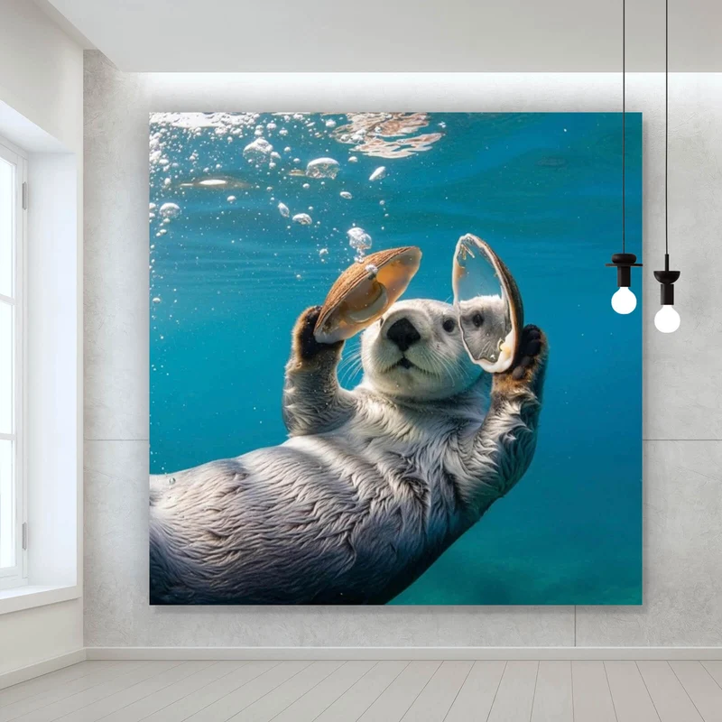 Leinwandbild Niedlicher Otter mit Muscheln im Wasser Quadrat