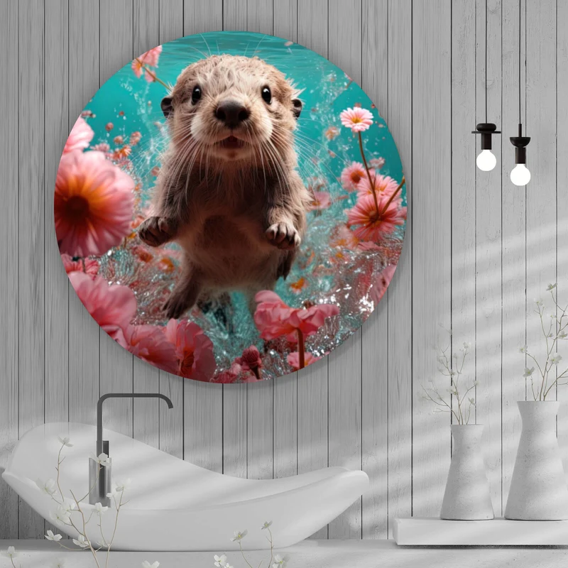 Aluminiumbild gebürstet Niedlicher Otter unter Wasser mit Blumen Kreis
